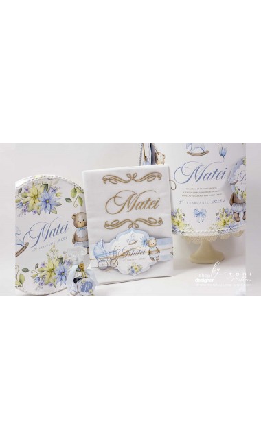 Trusou botez cu ursuleti ponei si flori albastre Teddy Bear Blue 9